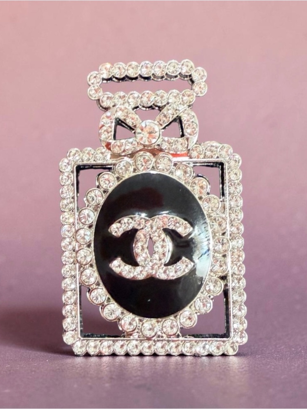 Crystal Embellished Black & Silver Logo Perfume Bottle Brooch